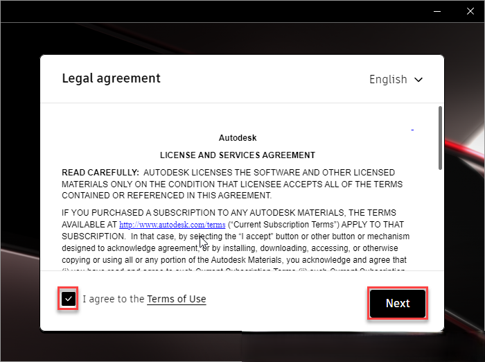 Tích chọn "I agree to the Terms of Use" rồi nhấn Next để tiếp tục Tích chọn "I agree to the Terms of Use" rồi nhấn Next để tiếp tục